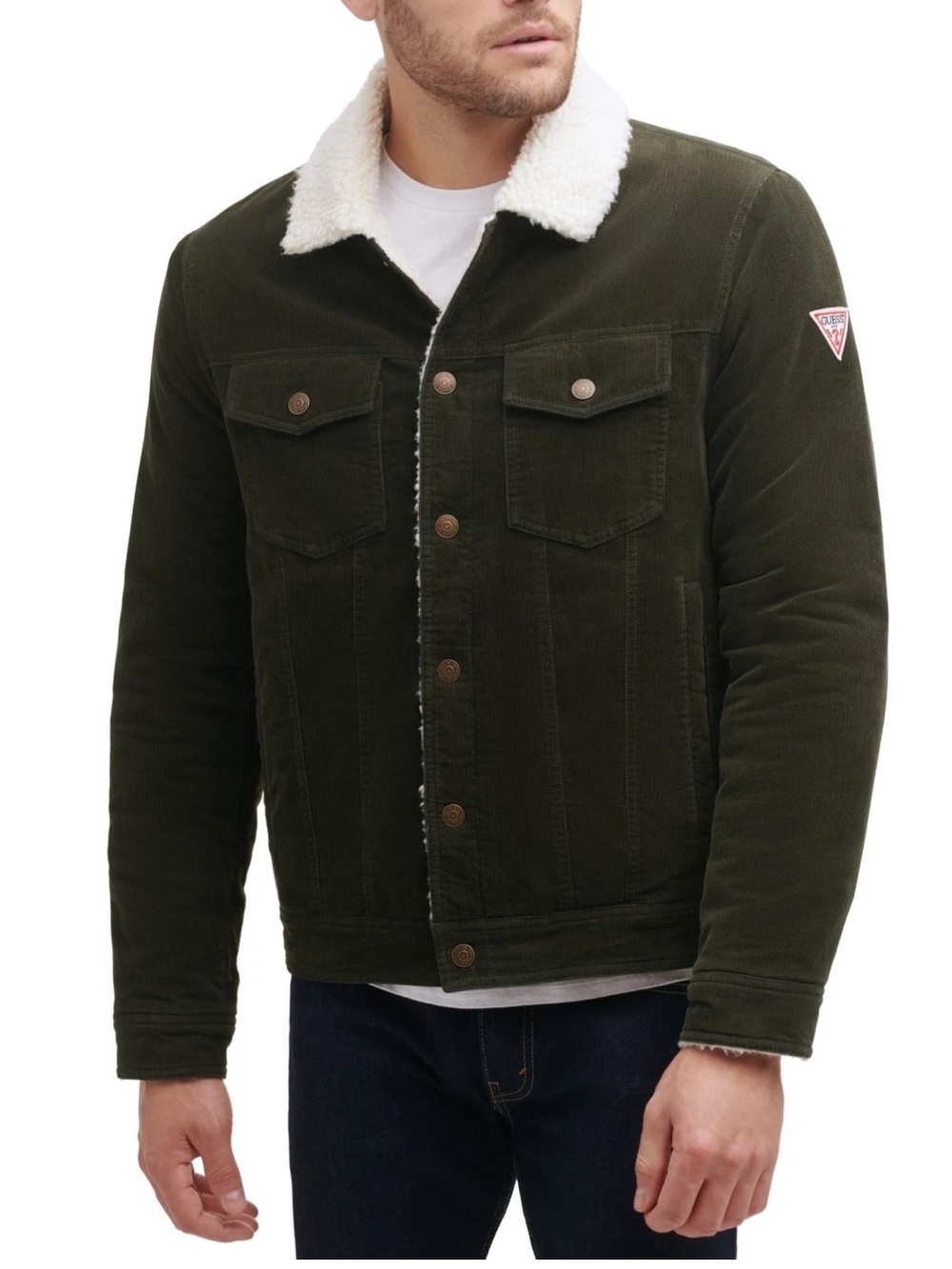 Guess Men's Olive Green Sherpa-Lined Corduroy Jacket Trucker Western Workwear M